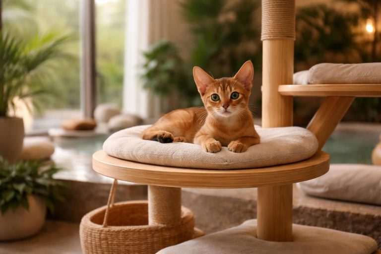 découvrez un chaton abyssin profitant d'un moment de détente dans son arbre à chat, alliant élégance et confort dans un espace dédié au bien-être félin.