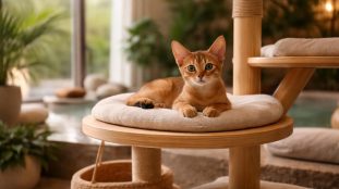 découvrez un chaton abyssin profitant d'un moment de détente dans son arbre à chat, alliant élégance et confort dans un espace dédié au bien-être félin.