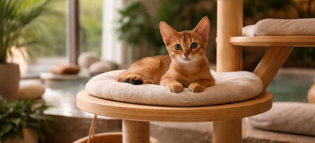 découvrez un chaton abyssin profitant d'un moment de détente dans son arbre à chat, alliant élégance et confort dans un espace dédié au bien-être félin.